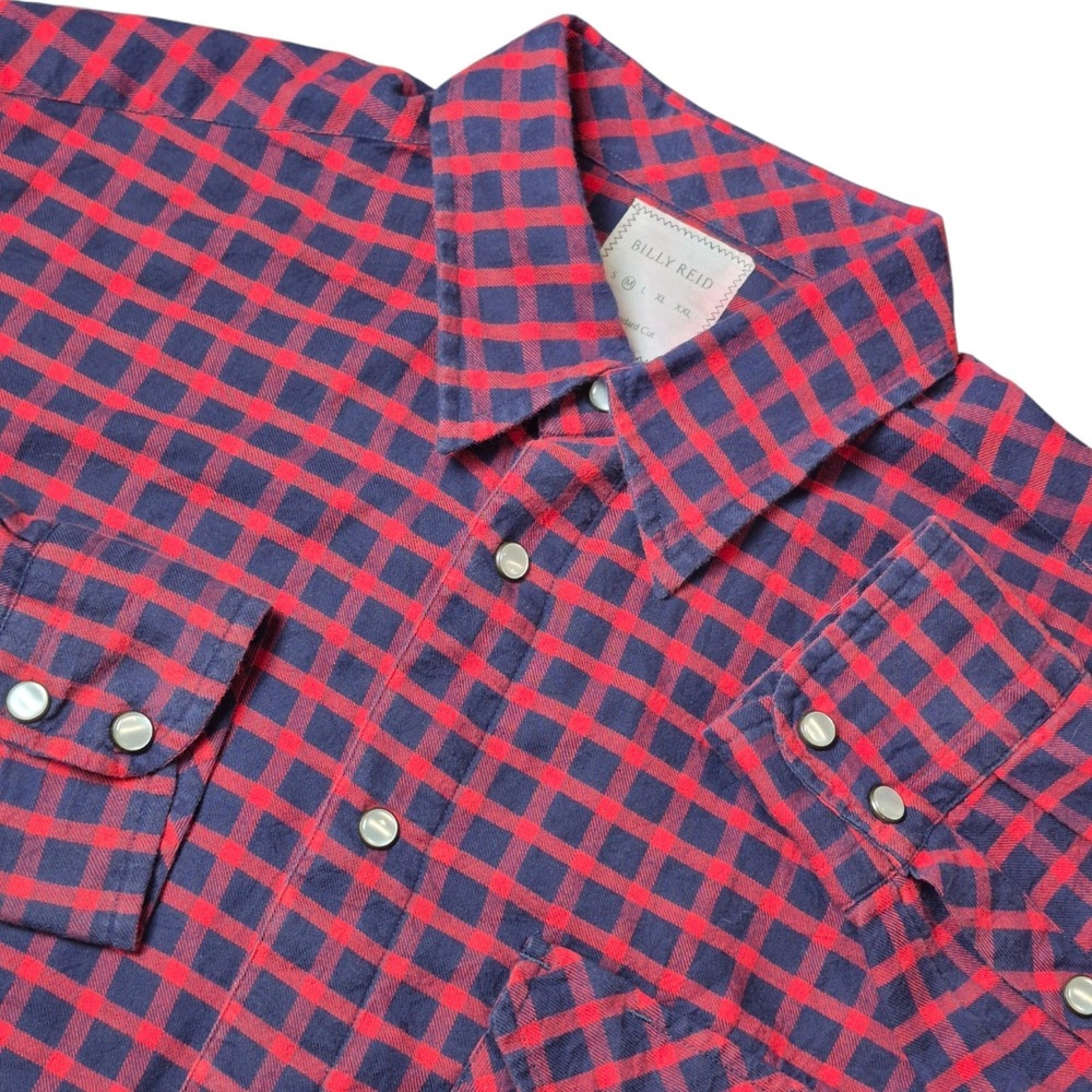 Billy Reid Men's M Pearl Snap Flannel Shirt Red Blue Plaid Western Italy